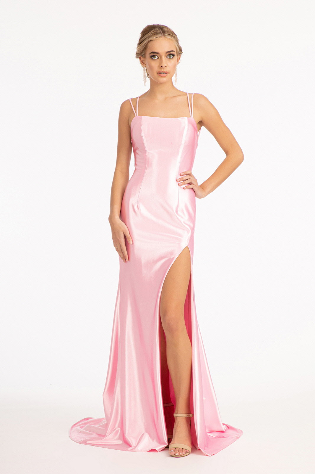 Straight Across Satin Mermaid Dress w/ Lace-up Back and Slit