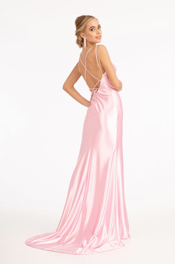 Straight Across Satin Mermaid Dress w/ Lace-up Back and Slit