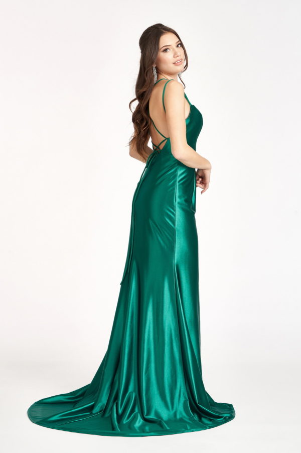 Straight Across Satin Mermaid Dress w/ Lace-up Back and Slit