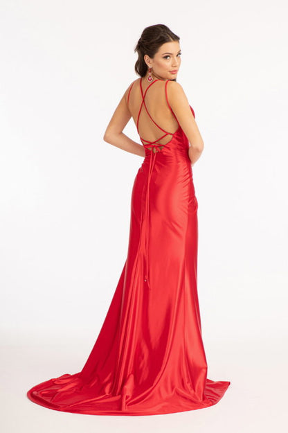 Straight Across Satin Mermaid Dress w/ Lace-up Back and Slit