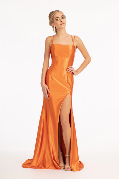 Straight Across Satin Mermaid Dress w/ Lace-up Back and Slit