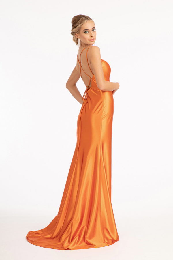 Straight Across Satin Mermaid Dress w/ Lace-up Back and Slit