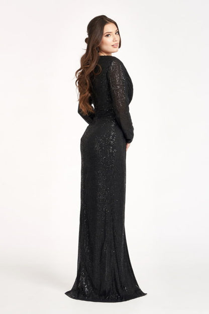 Gathered Waist Sequin Embellished Mermaid Dress w/ Long Sleeves