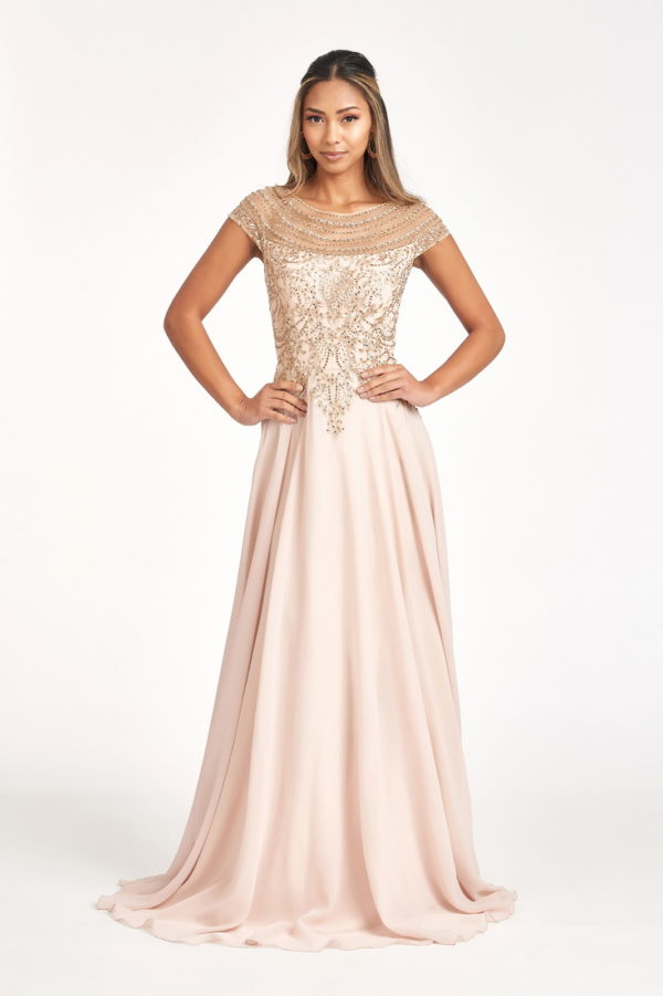 Beads Embellished Chiffon A-line Dress w/ Cap Sleeves