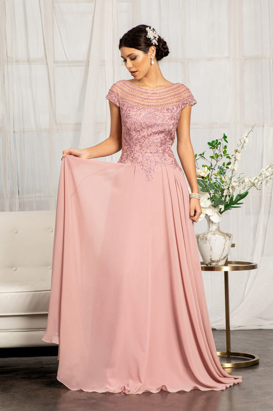 Beads Embellished Chiffon A-line Dress w/ Cap Sleeves