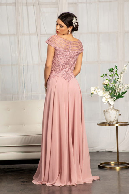 Beads Embellished Chiffon A-line Dress w/ Cap Sleeves