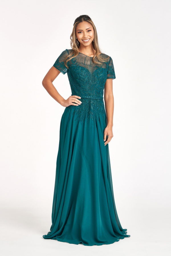 Embroidered Chiffon A-line Dress w/ Short Sleeves and Waistband