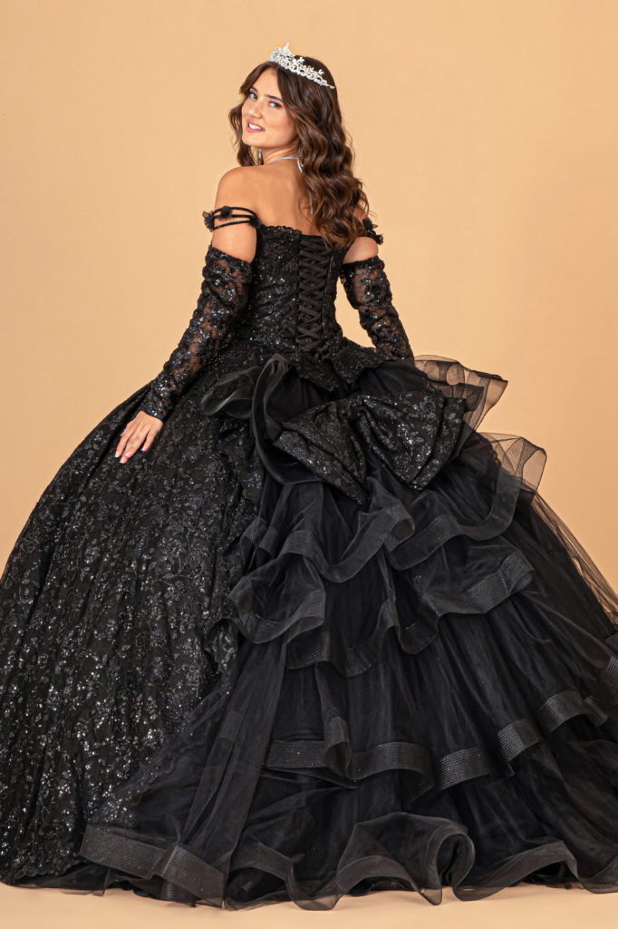 Mesh Detachable Long Sleeves Quinceanera Dress w/ Detachable Ribbon and Ruffled Train