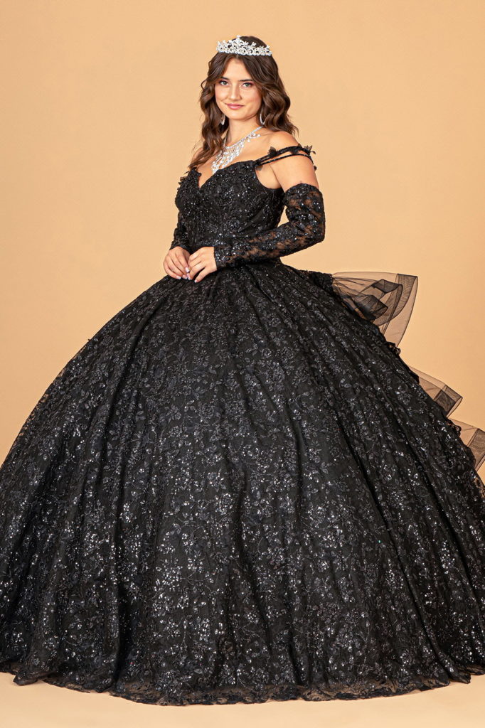 Mesh Detachable Long Sleeves Quinceanera Dress w/ Detachable Ribbon and Ruffled Train