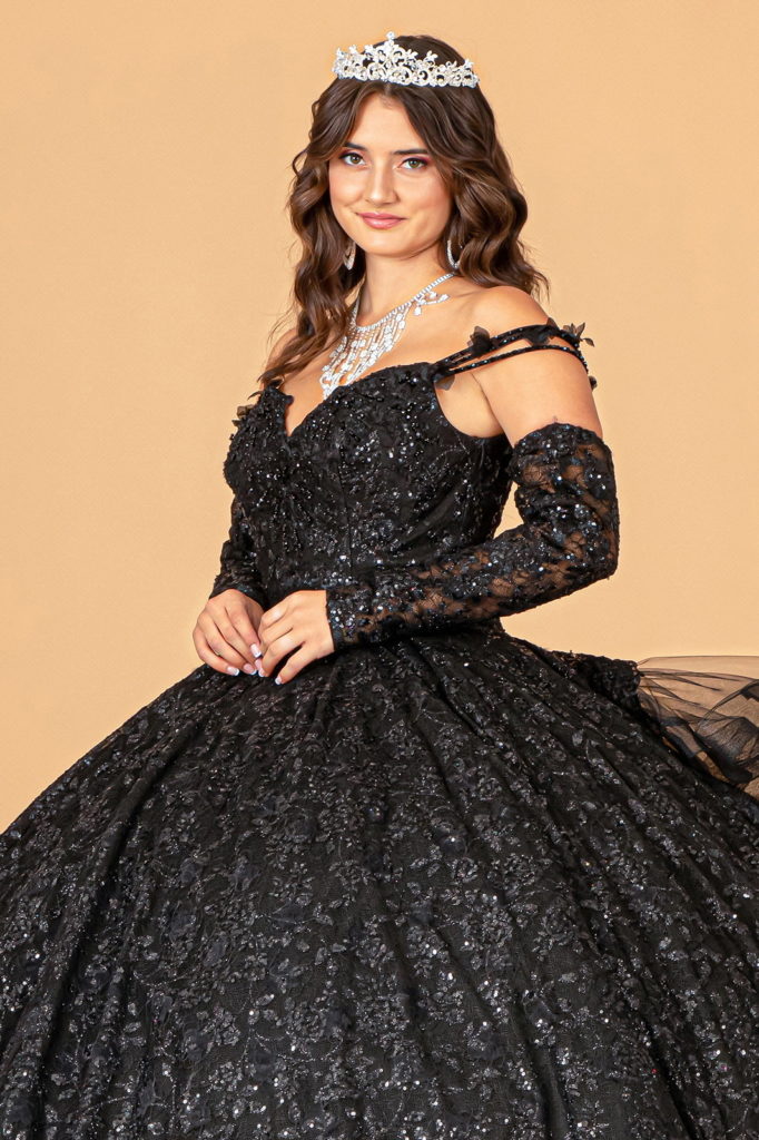 Mesh Detachable Long Sleeves Quinceanera Dress w/ Detachable Ribbon and Ruffled Train