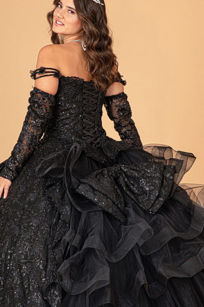 Mesh Detachable Long Sleeves Quinceanera Dress w/ Detachable Ribbon and Ruffled Train