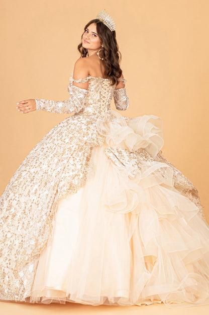 Mesh Detachable Long Sleeves Quinceanera Dress w/ Detachable Ribbon and Ruffled Train