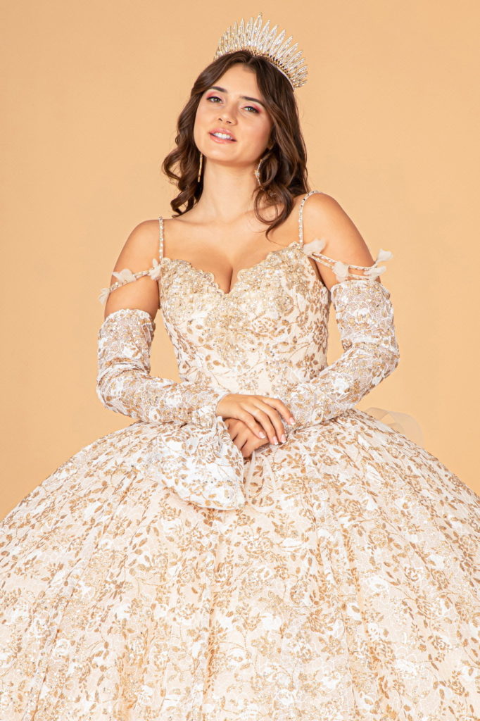 Mesh Detachable Long Sleeves Quinceanera Dress w/ Detachable Ribbon and Ruffled Train