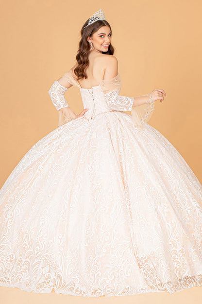 Jewel Mesh Quinceanera Dress w/ Mini Bag and Separate Long Sleeves