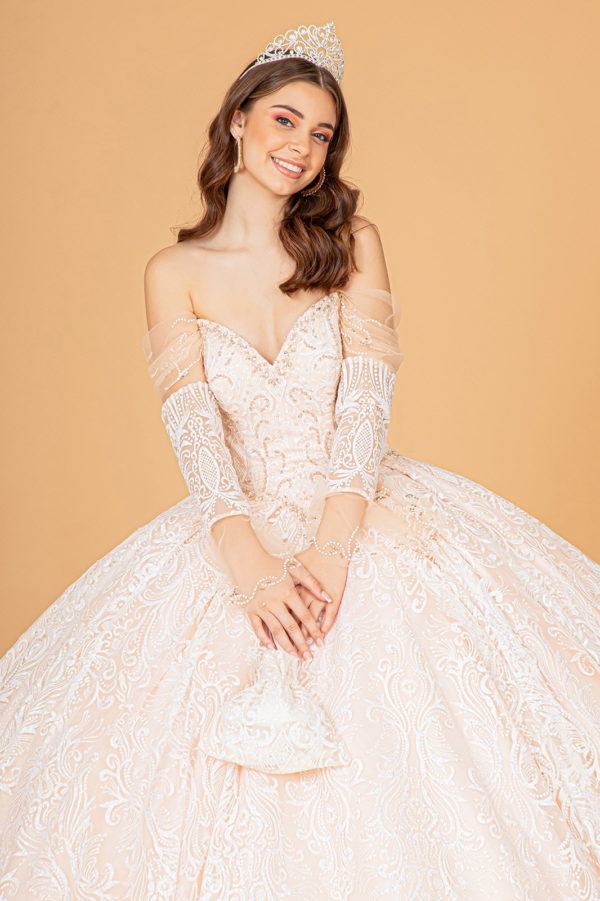 Jewel Mesh Quinceanera Dress w/ Mini Bag and Separate Long Sleeves