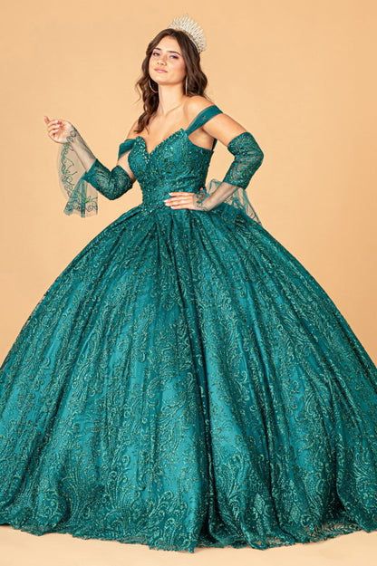 Jewel Mesh Quinceanera Dress w/ Mini Bag and Separate Long Sleeves