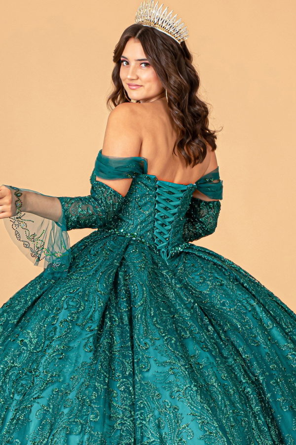 Jewel Mesh Quinceanera Dress w/ Mini Bag and Separate Long Sleeves