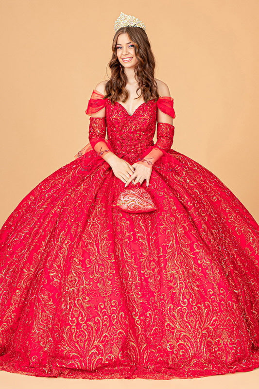 Jewel Mesh Quinceanera Dress w/ Mini Bag and Separate Long Sleeves