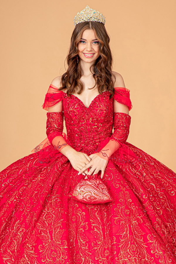 Jewel Mesh Quinceanera Dress w/ Mini Bag and Separate Long Sleeves