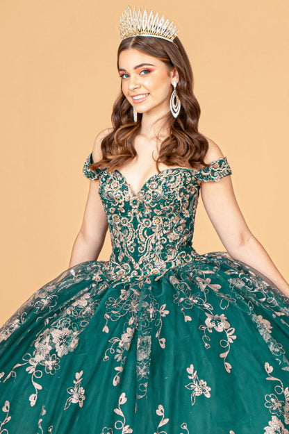 Embroidered Off Shoulder Mesh Quinceanera Dress w/ Separate Long Sleeves