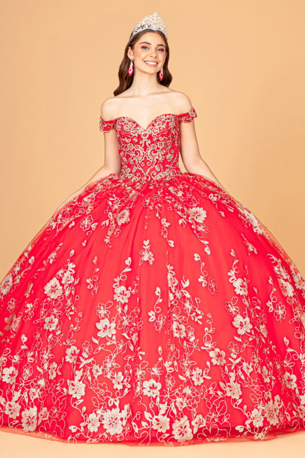 Embroidered Off Shoulder Mesh Quinceanera Dress w/ Separate Long Sleeves