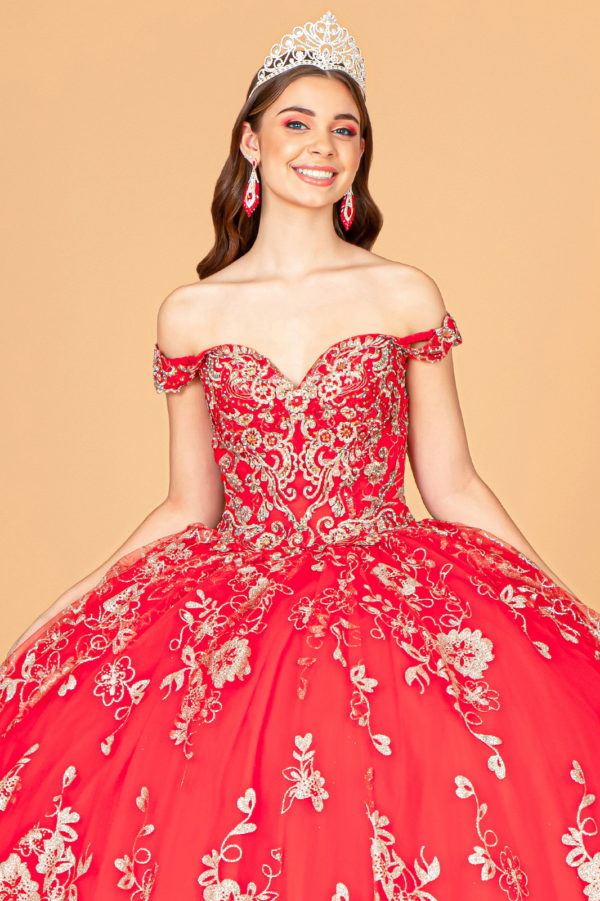 Embroidered Off Shoulder Mesh Quinceanera Dress w/ Separate Long Sleeves