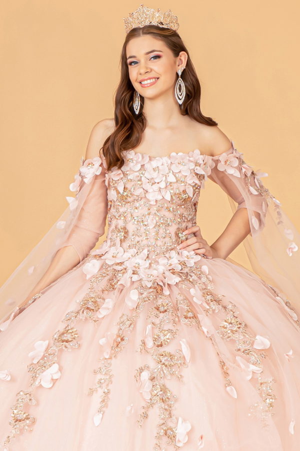 Off Shoulder Mesh Quinceanera Gown w/ Shoulder Side Mesh Drapes