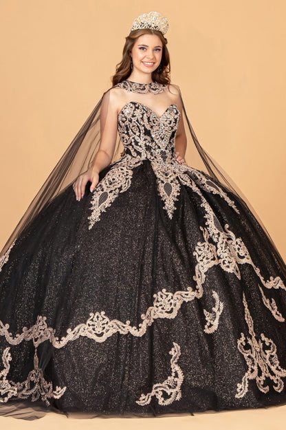 Glitter Jewel Embellished Quinceanera Gown w/ Long Mesh Cape