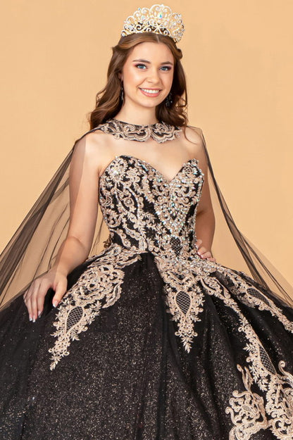 Glitter Jewel Embellished Quinceanera Gown w/ Long Mesh Cape