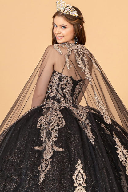 Glitter Jewel Embellished Quinceanera Gown w/ Long Mesh Cape