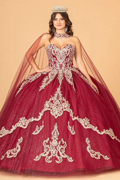 Glitter Jewel Embellished Quinceanera Gown w/ Long Mesh Cape