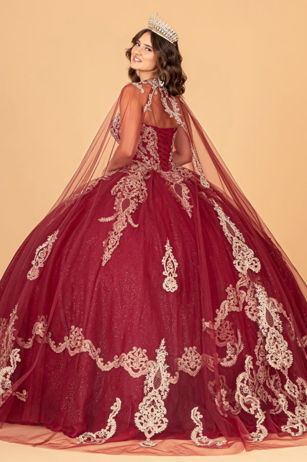 Glitter Jewel Embellished Quinceanera Gown w/ Long Mesh Cape