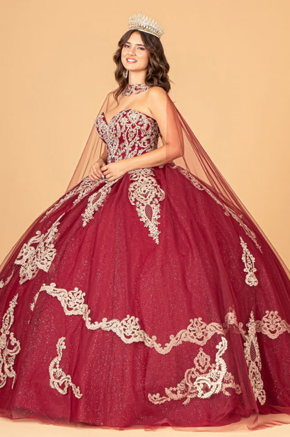 Glitter Jewel Embellished Quinceanera Gown w/ Long Mesh Cape