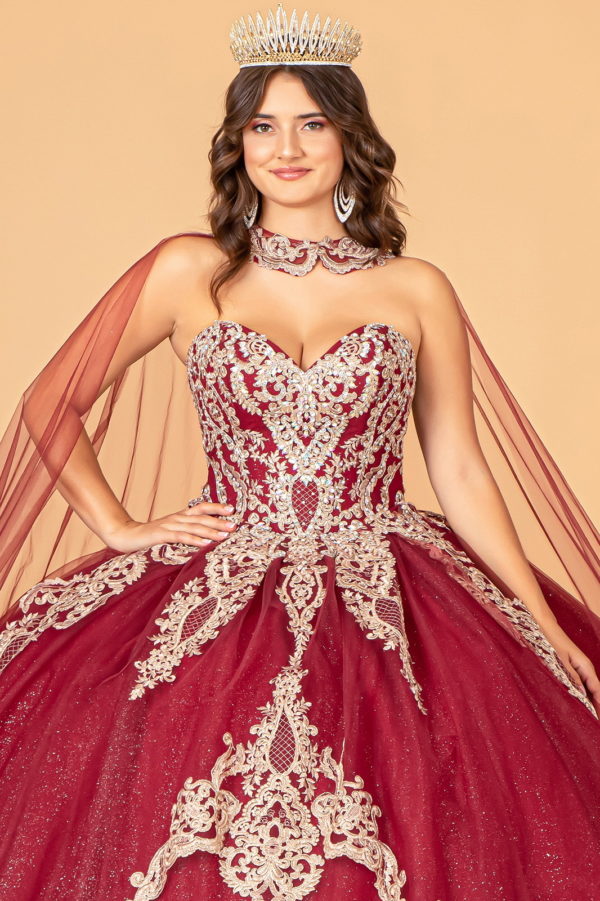 Glitter Jewel Embellished Quinceanera Gown w/ Long Mesh Cape