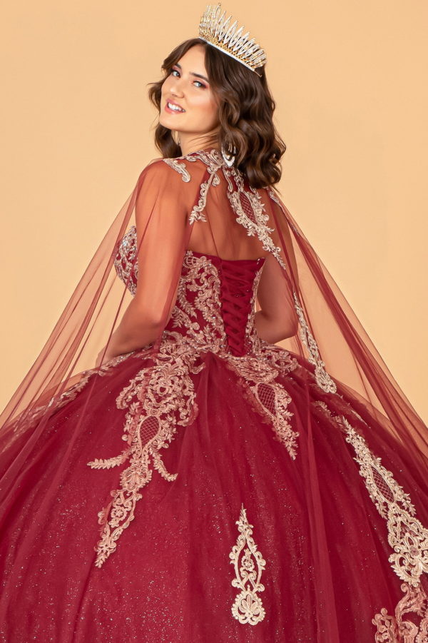 Glitter Jewel Embellished Quinceanera Gown w/ Long Mesh Cape