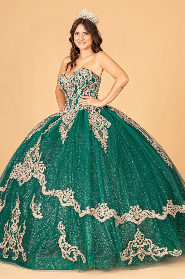 Glitter Jewel Embellished Quinceanera Gown w/ Long Mesh Cape