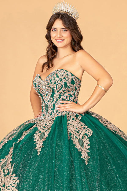 Glitter Jewel Embellished Quinceanera Gown w/ Long Mesh Cape