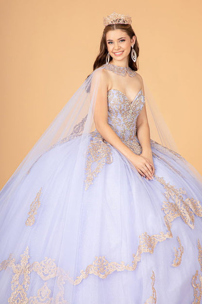 Glitter Jewel Embellished Quinceanera Gown w/ Long Mesh Cape