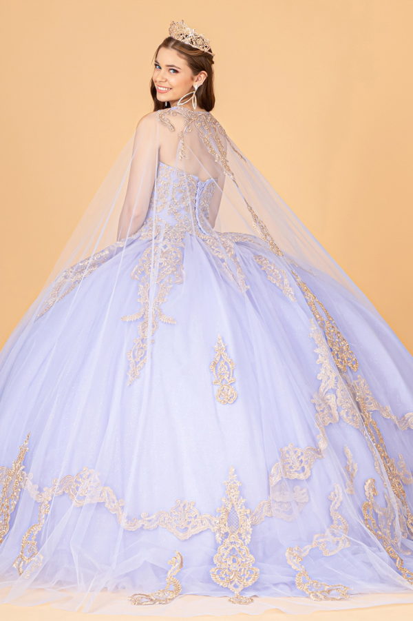 Glitter Jewel Embellished Quinceanera Gown w/ Long Mesh Cape