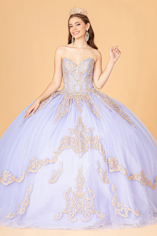 Glitter Jewel Embellished Quinceanera Gown w/ Long Mesh Cape