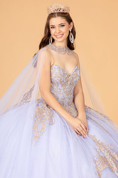 Glitter Jewel Embellished Quinceanera Gown w/ Long Mesh Cape