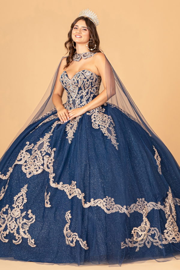 Glitter Jewel Embellished Quinceanera Gown w/ Long Mesh Cape