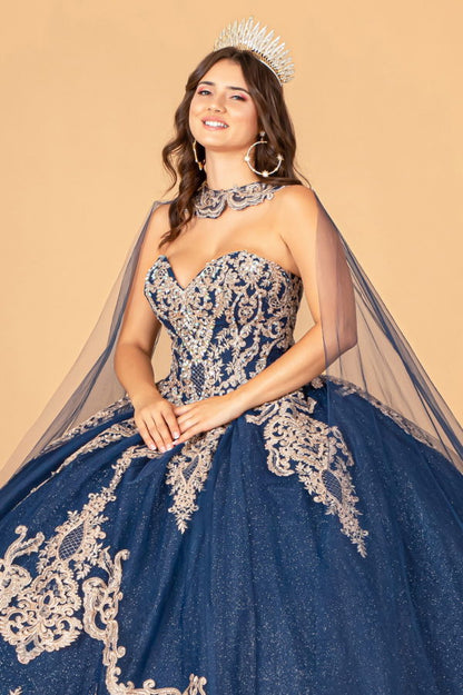 Glitter Jewel Embellished Quinceanera Gown w/ Long Mesh Cape