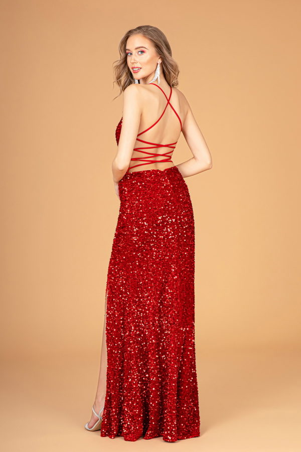 Halter Neck Velvet Sequin Long Dress w/ Ruched Bodice