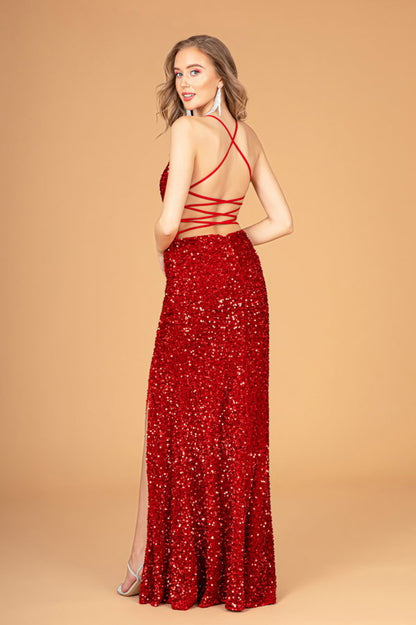 Halter Neck Velvet Sequin Long Dress w/ Ruched Bodice