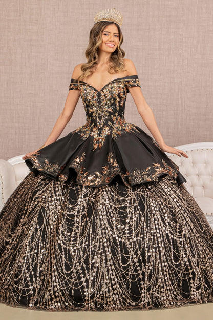 Off Shoulder Satin Quinceanera Ball Gown Embellished with Gold Embroidery