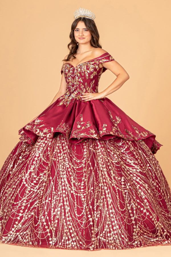 Off Shoulder Satin Quinceanera Ball Gown Embellished with Gold Embroidery