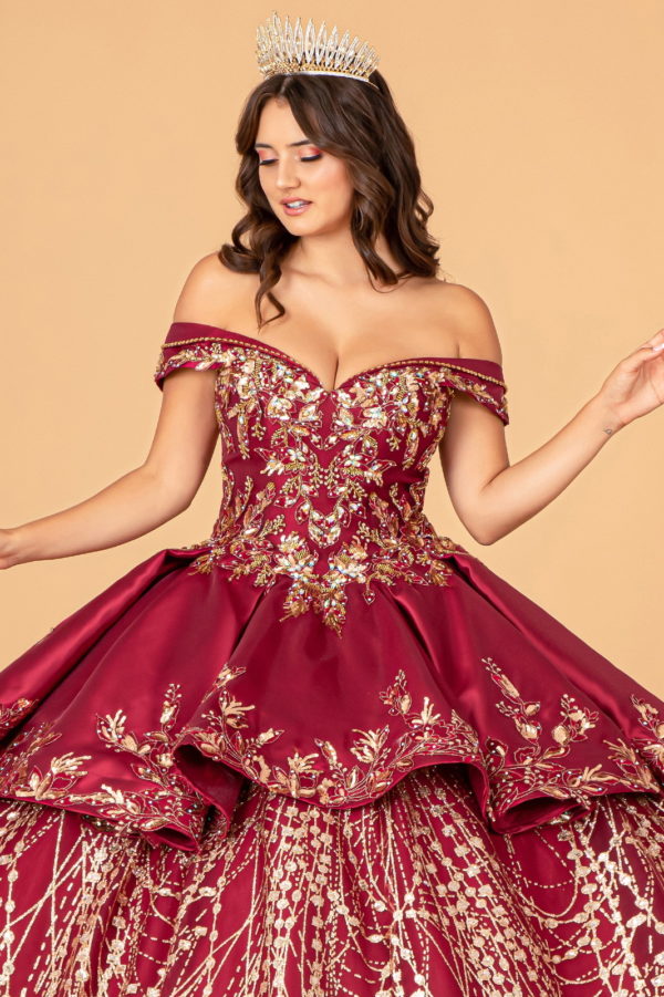 Off Shoulder Satin Quinceanera Ball Gown Embellished with Gold Embroidery