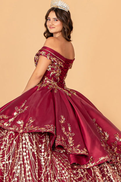 Off Shoulder Satin Quinceanera Ball Gown Embellished with Gold Embroidery