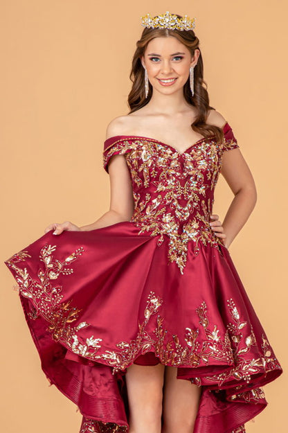 Off Shoulder Satin Quinceanera Ball Gown Embellished with Gold Embroidery